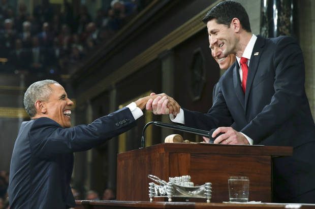 U.S. President Obama s welcomed by House Speaker Ryan prior to delivering final State of the Union address to a joint session of Congress in Washington