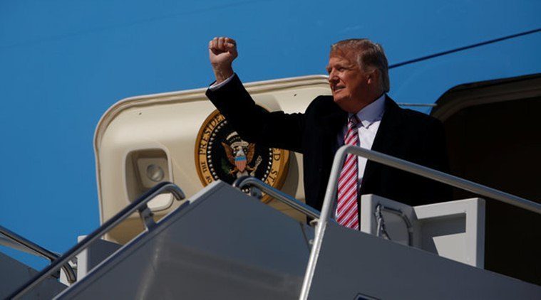Trump arrives aboard Air Force One at Langley Air Force Base in Hampton, Virginia